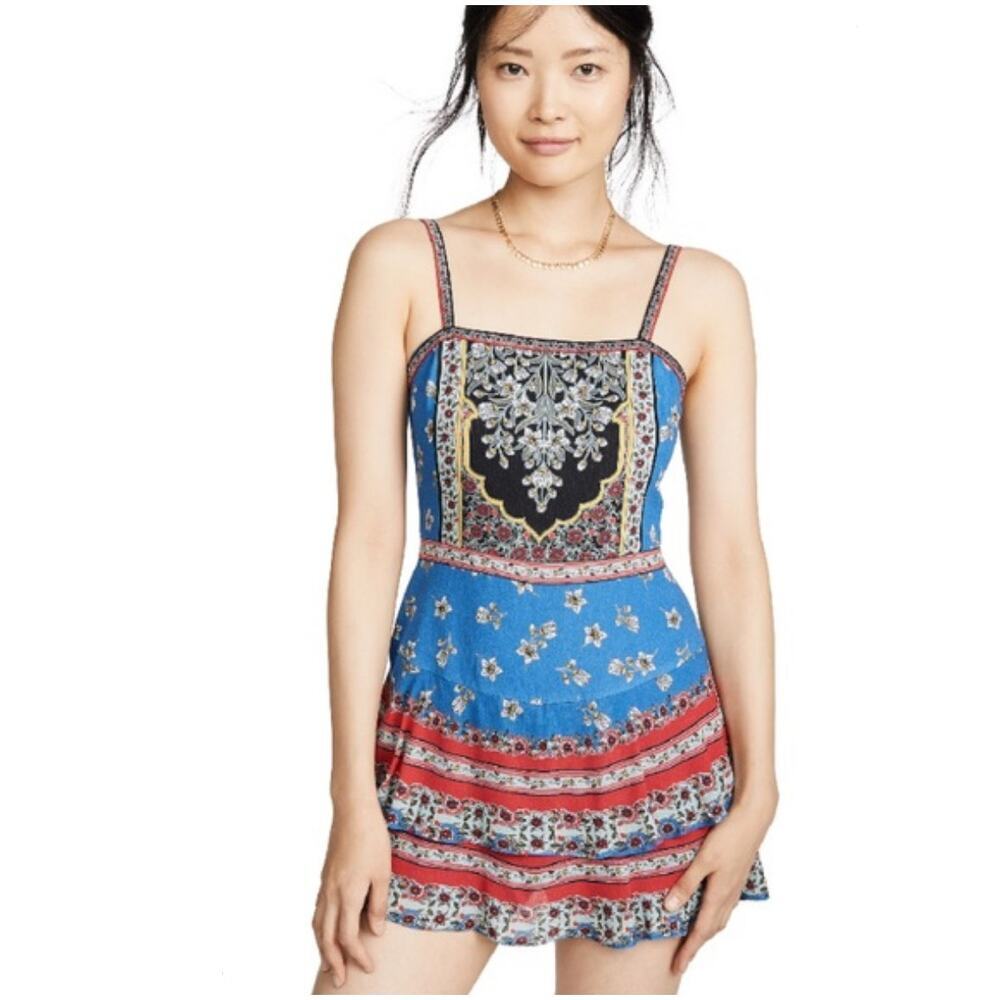 Alice + Olivia 10 Boho Romper Blue Red Ruffle Palace Daffodil Floral Sleeveless
